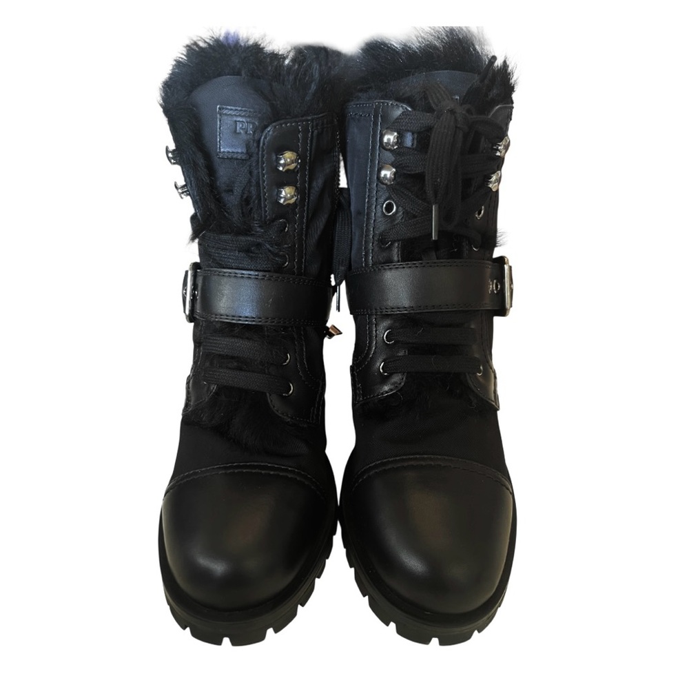 🆕💞Prada Faux Fur Trim Combat / Biker Moto Boots Black Leather & Re-Nylon • 37 EU - Picture 9 of 9